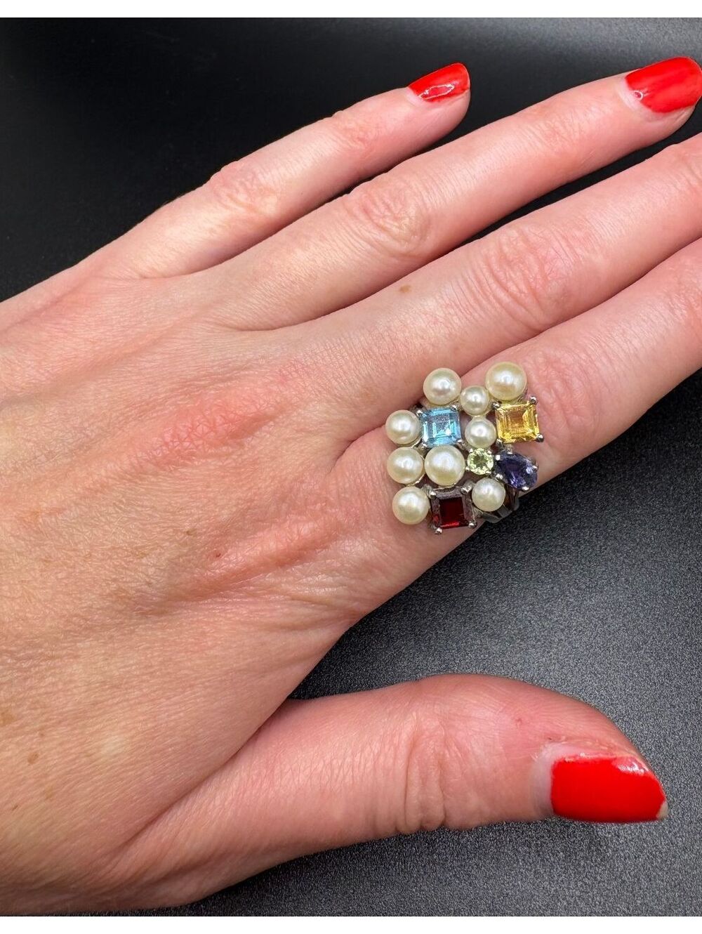 Vintage Ross Simon 925 Sterling Silver Cultured Pearl & Gemstone Ring Size 6